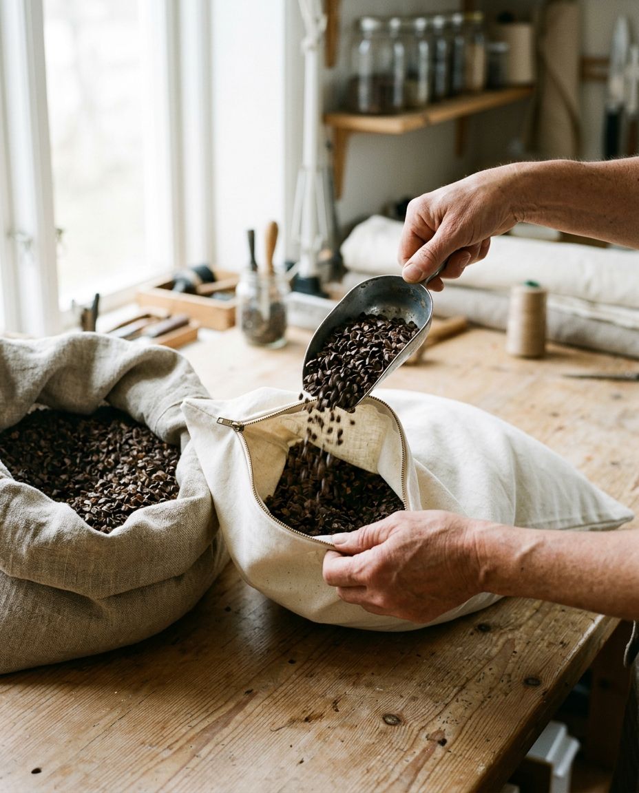 Hands scooping buckwheat hulls into a cotton pillow cover