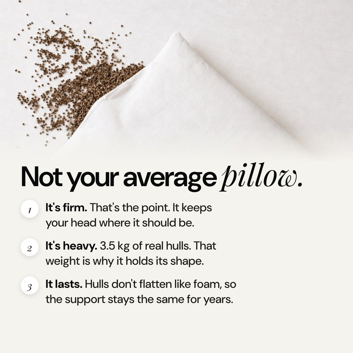 Buckwheat pillow with hulls spilling from the corner: firm, 3.5 kg and long-lasting